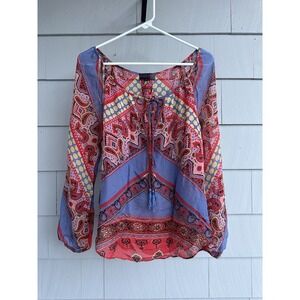 Hale Bob Bohemian Silk Top Colorful Paisley Long Sleeve Sheer Size S